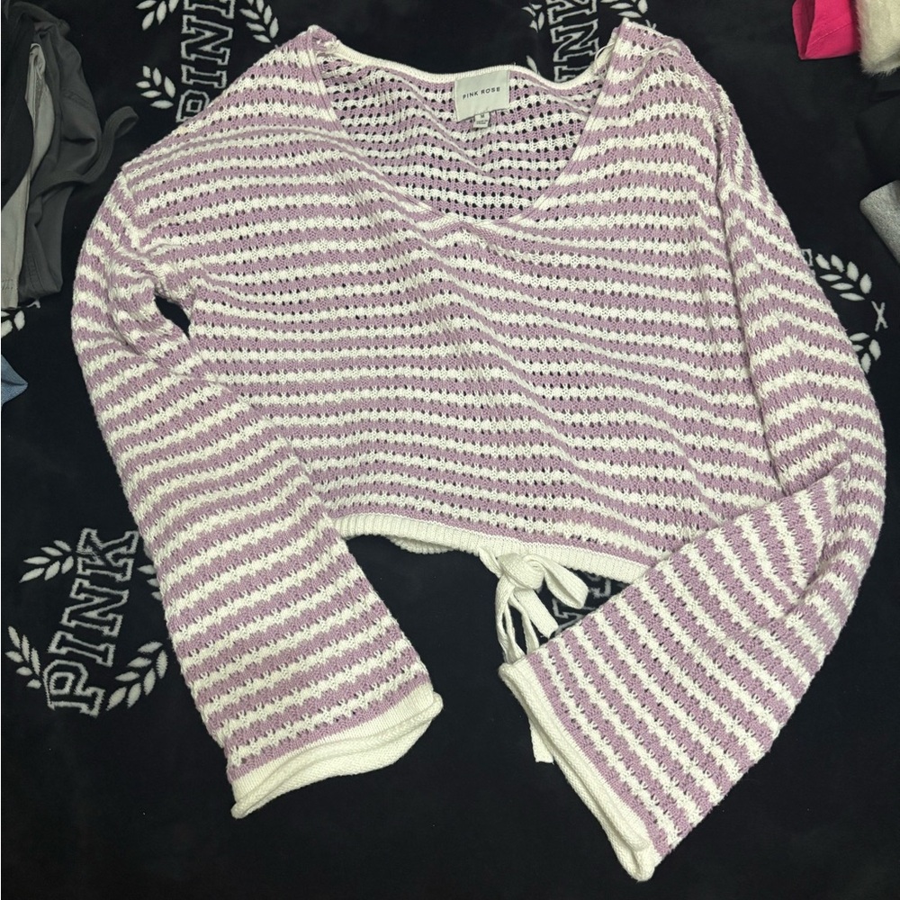 Pink Rose Purple and White Crew Neck Sweater with Long Sleeves